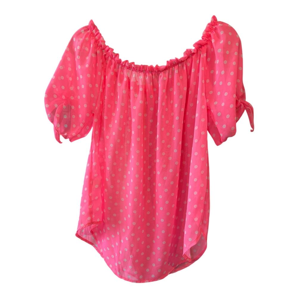 Teenbell Juniors Girl’s XL Pink & White Polka Dot Blouse Sheer Ruffle Flowy - Picture 2 of 8
